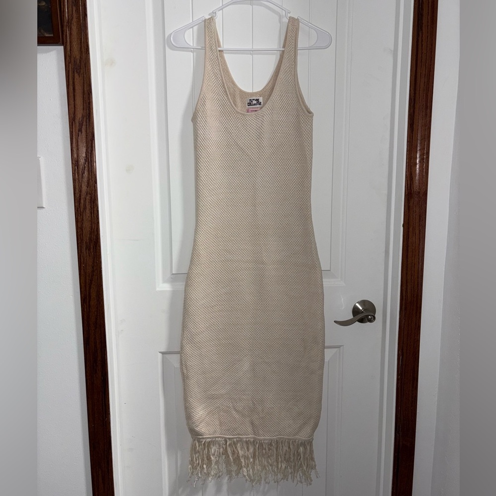 Future Collective Crochet Fringe Beach Boho Midi Tank Dress Women's Tan size s